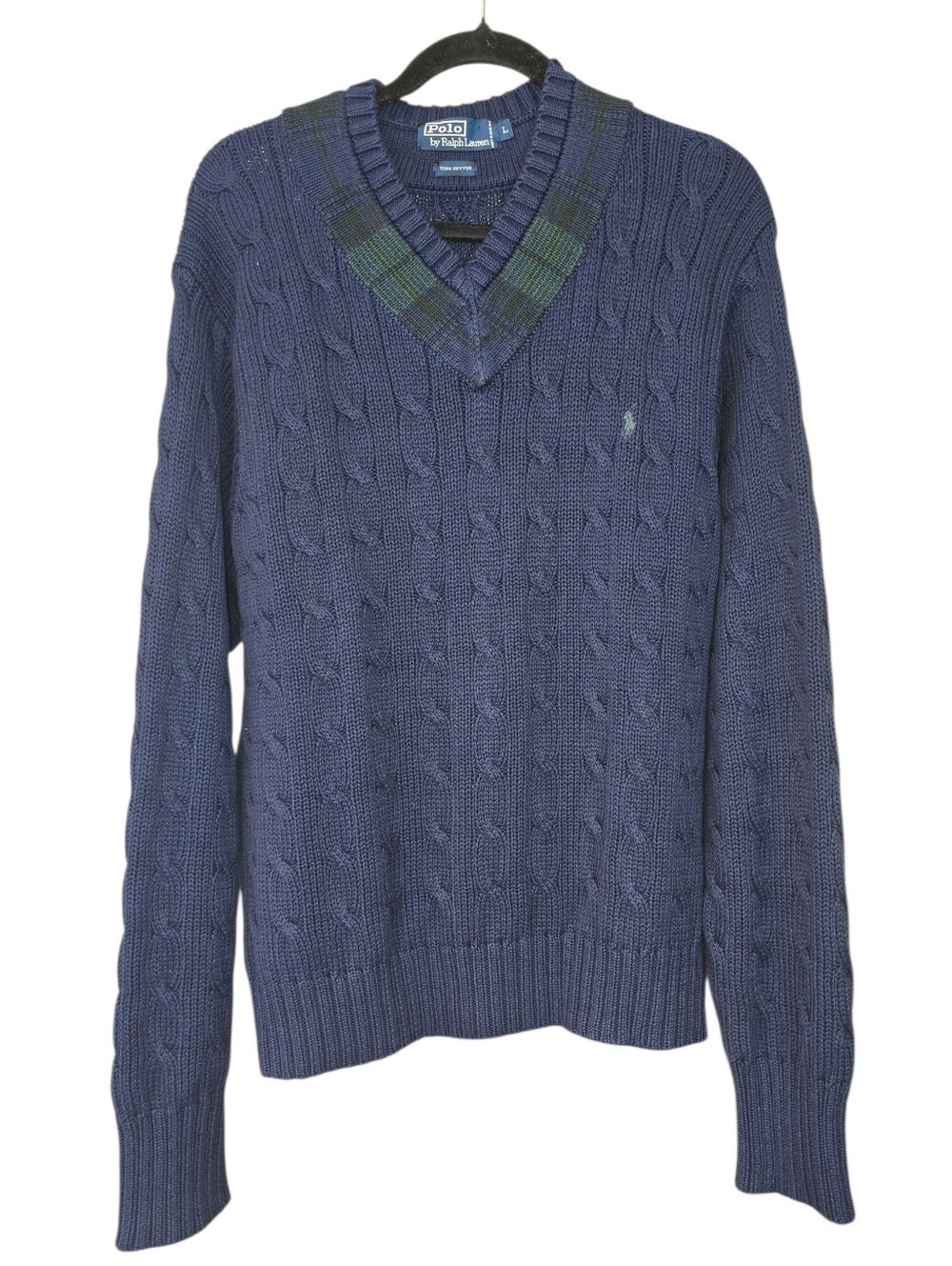 Vintage Polo Ralph Lauren Cable Knit Cricket Sweater Plaid V-Neck Blue Size Lg.